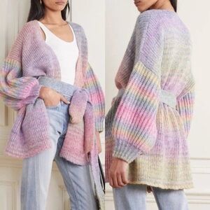 Rare LoveShackFancy Brady Shawl Pastel Rainbow Oversized Knit Cardigan Belted